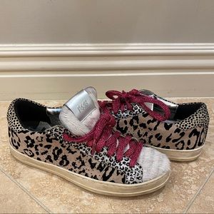 Lightly worn P448 animal print with fur and pink metallic laces sneakers